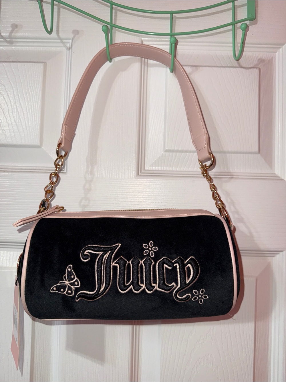 Juicy Couture Black Velvet Mini Bag with Pale Pink Trim